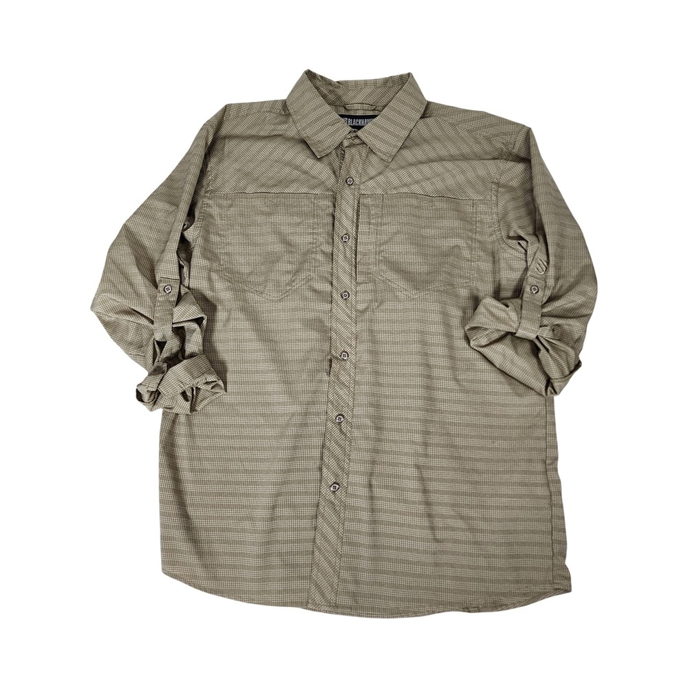 Blackhawk Mens Large Tactical Button Down Shirt Tan Green Plaid Roll Tab Sleeve